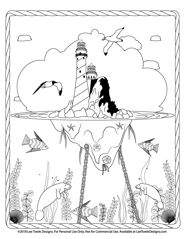 Fantasy floating island lighthouse with underwater scene coloring page for adults