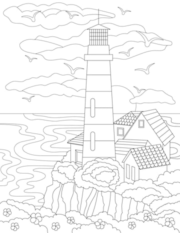 Premium vector coloring page with houses on hill next to lighthouse ocean and birds in sky sheet to be colored with buildings on top of cliff see clouds and doves