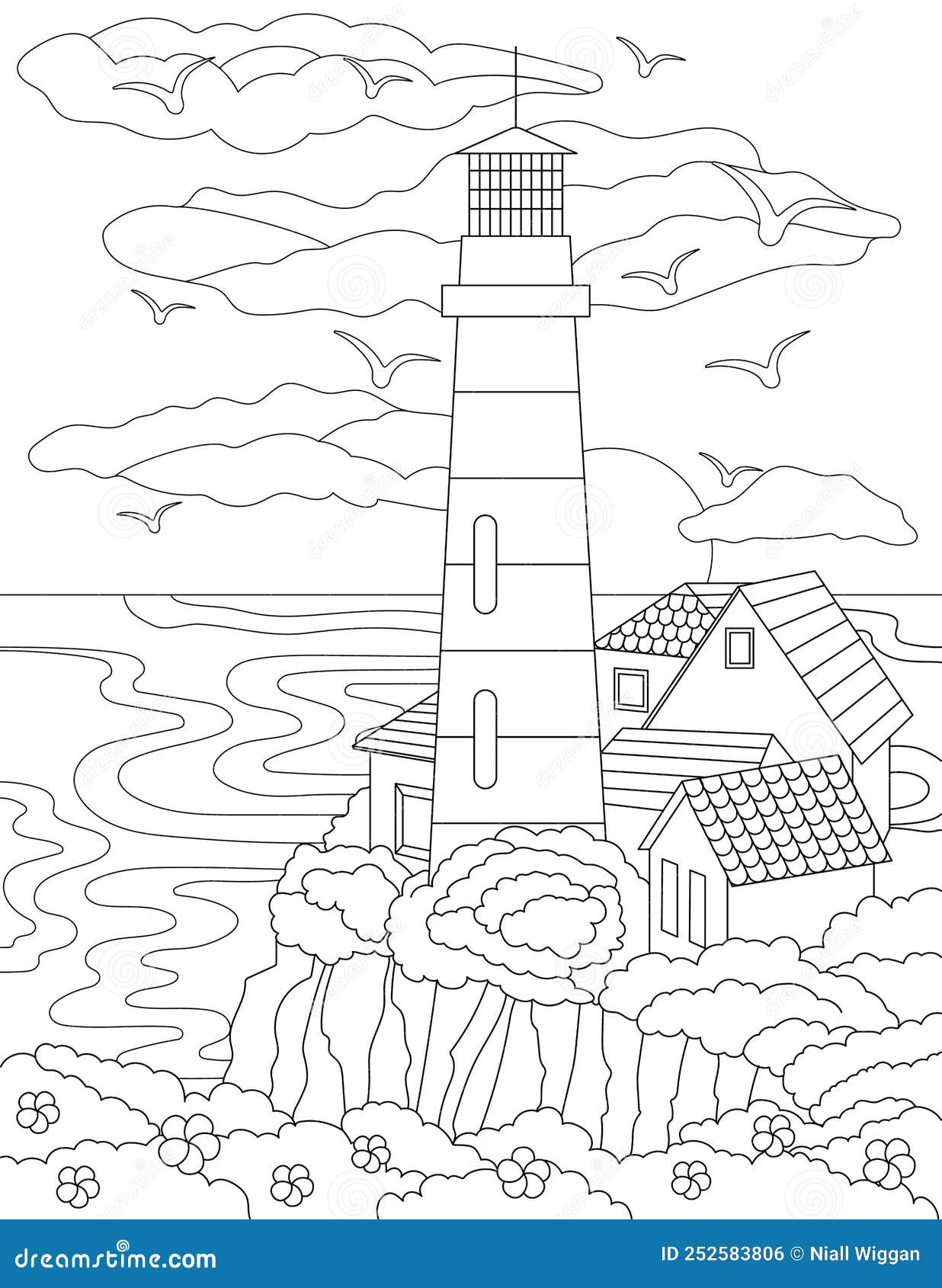 Coloring page with houses on hill next to lighthouse ocean and birds in sky sheet to be colored with buildings on top stock vector