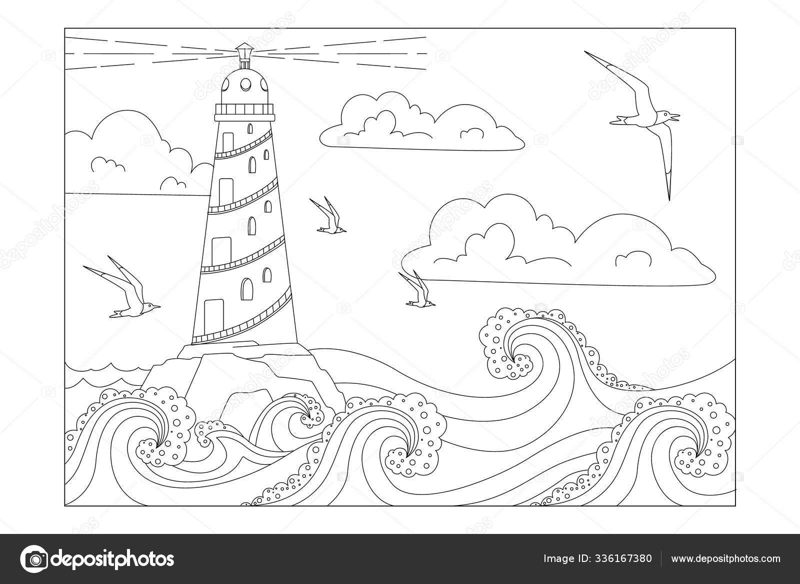 Coloring sheet for children landscape with a lighthouse stock vector by elfhame