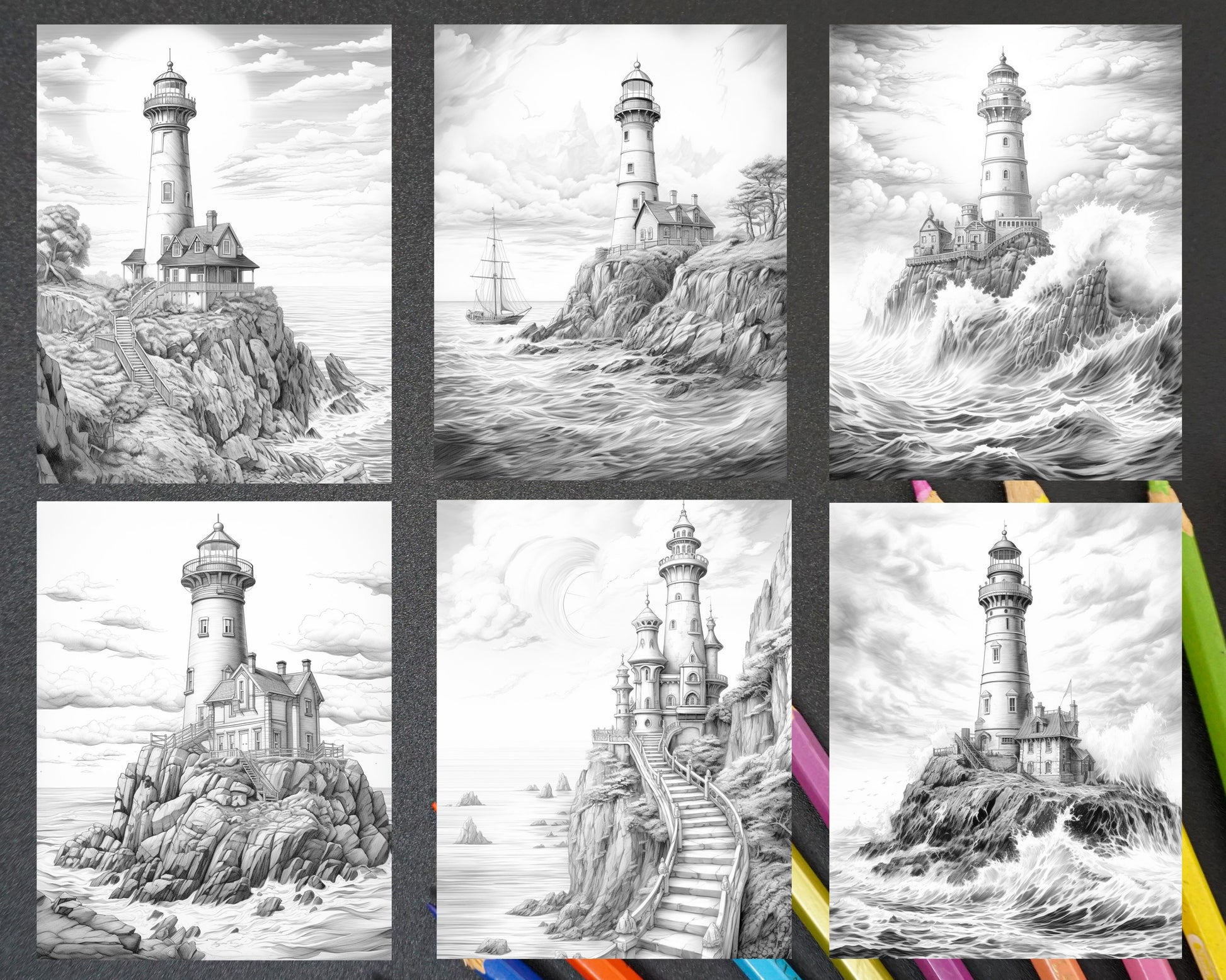 Majestic lighthouses grayscale coloring pages printable for adults â coloring