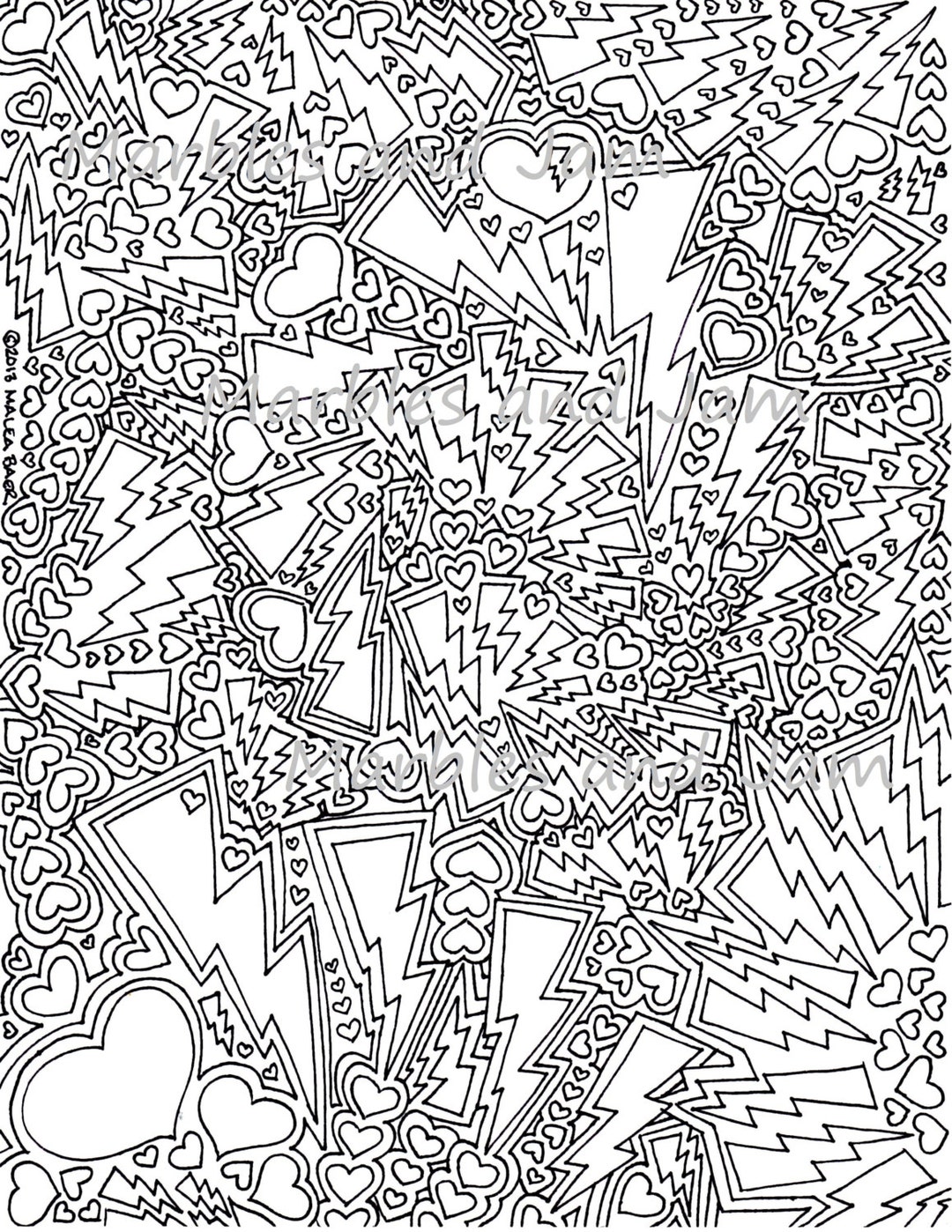 Lightning and hearts printable adult coloring page