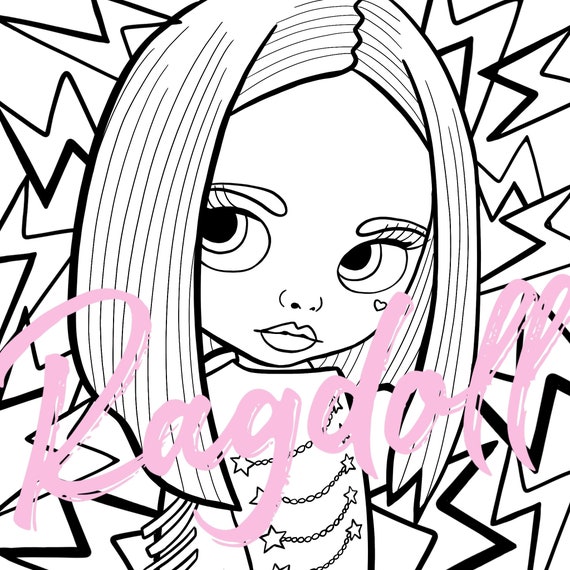 Colouring page printable lightning bolt doll colouring page blythe doll inspired kawaii cute kids art adult colouring coloring page