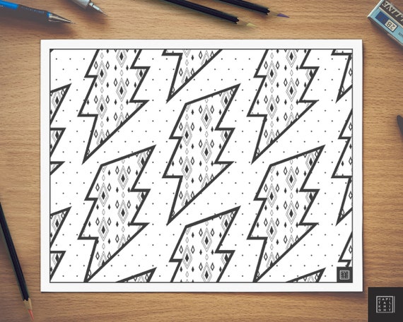 Printable adult coloring page geometric abstract surreal electric lightning polygon repeat pattern lightning bolt