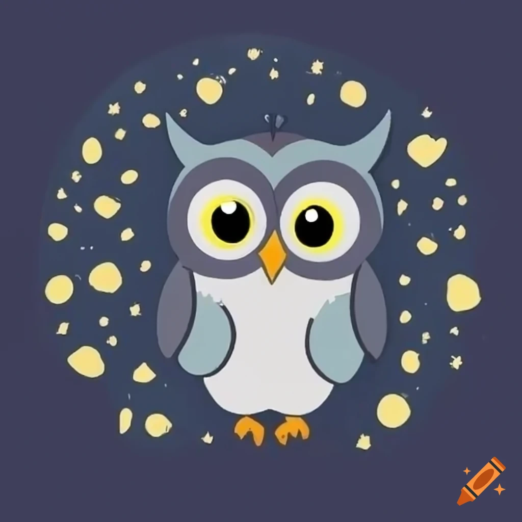 Adorable owl and glowing lightning bug at night on