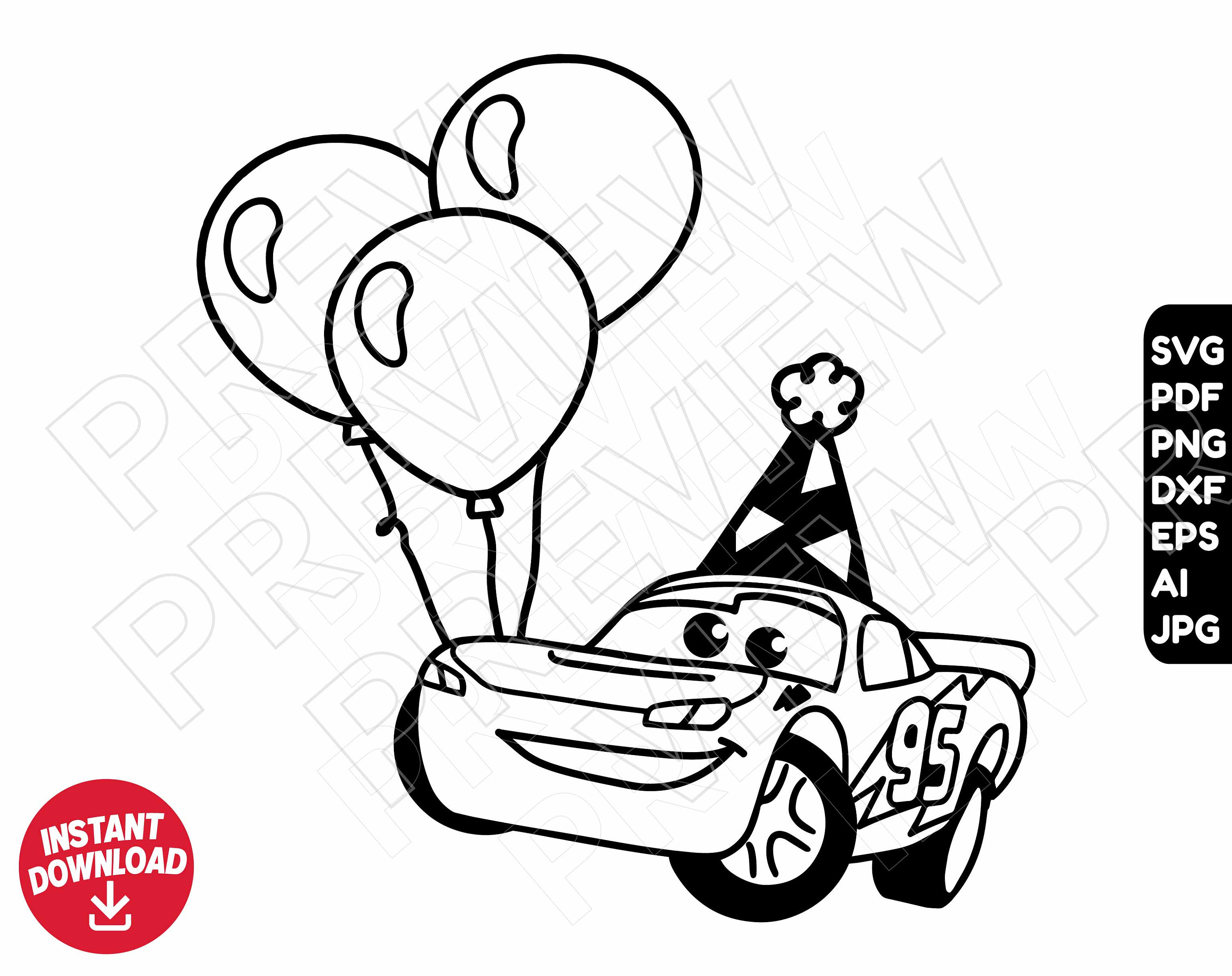 Cars birthday balloons lightning mcqueen svg dxf png clipart cut file outline silhouette