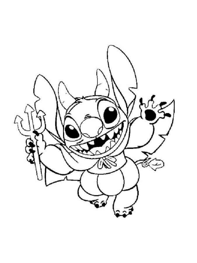 Halloween stitch dressed up as the devil coloring page