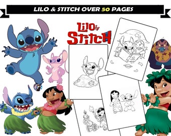 Stitch lilo coloring cartoon characters printable coloring book for children princess coloring pages instant download activity for kids