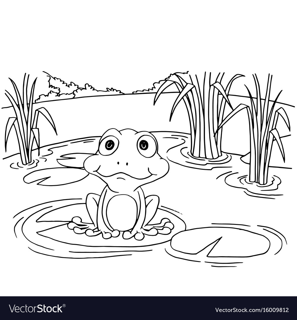 Cartoon frog on lily pad at lake coloring page vec