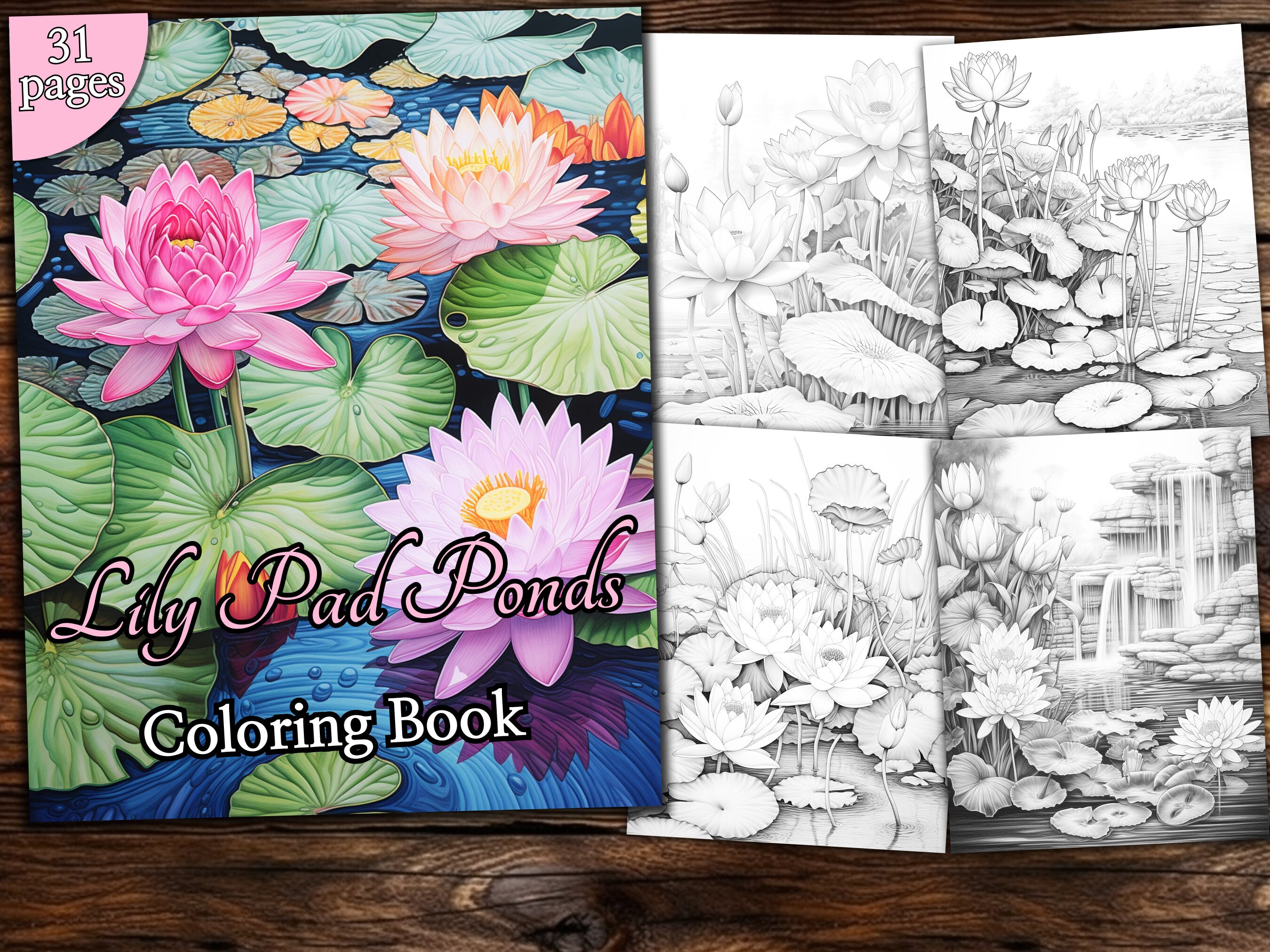 Lily pad ponds coloring page book fantasy coloring book adult coloring book grayscale coloring page lotus coloring page