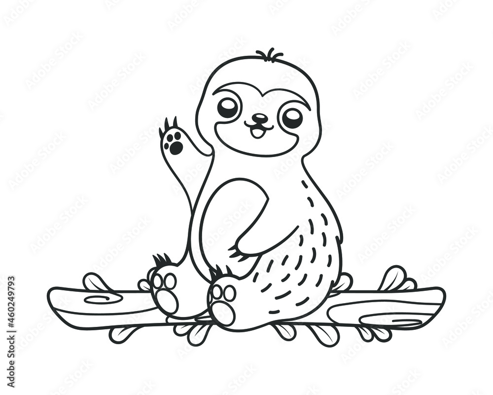 Cute waving sloth sitting on a branch line art outline clipart vector illustration animal mammal easy simple coloring book page activity worksheet for kids vector