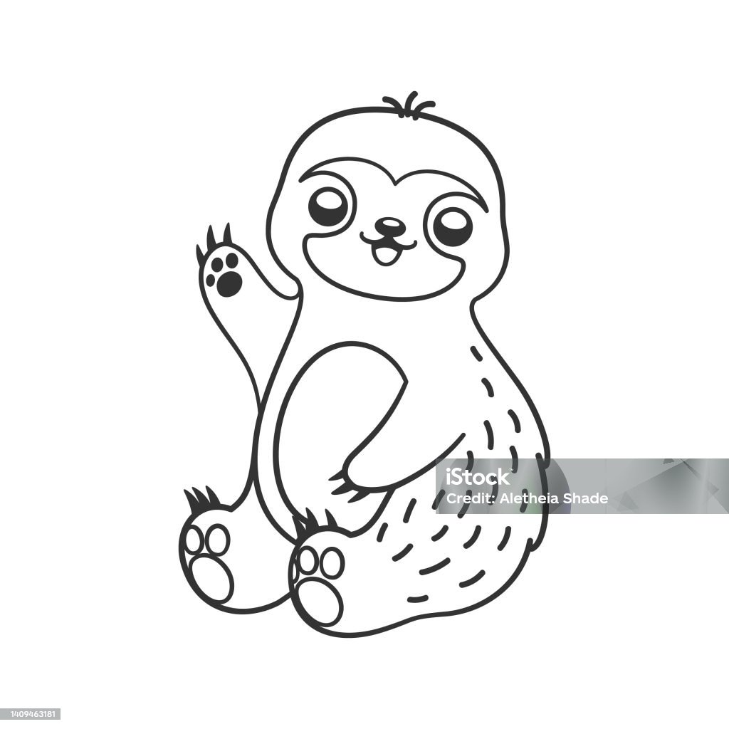 Cute happy waving sloth line art outline clipart flat vector illustration animal mammal easy simple coloring book page activity worksheet for kids stock illustration