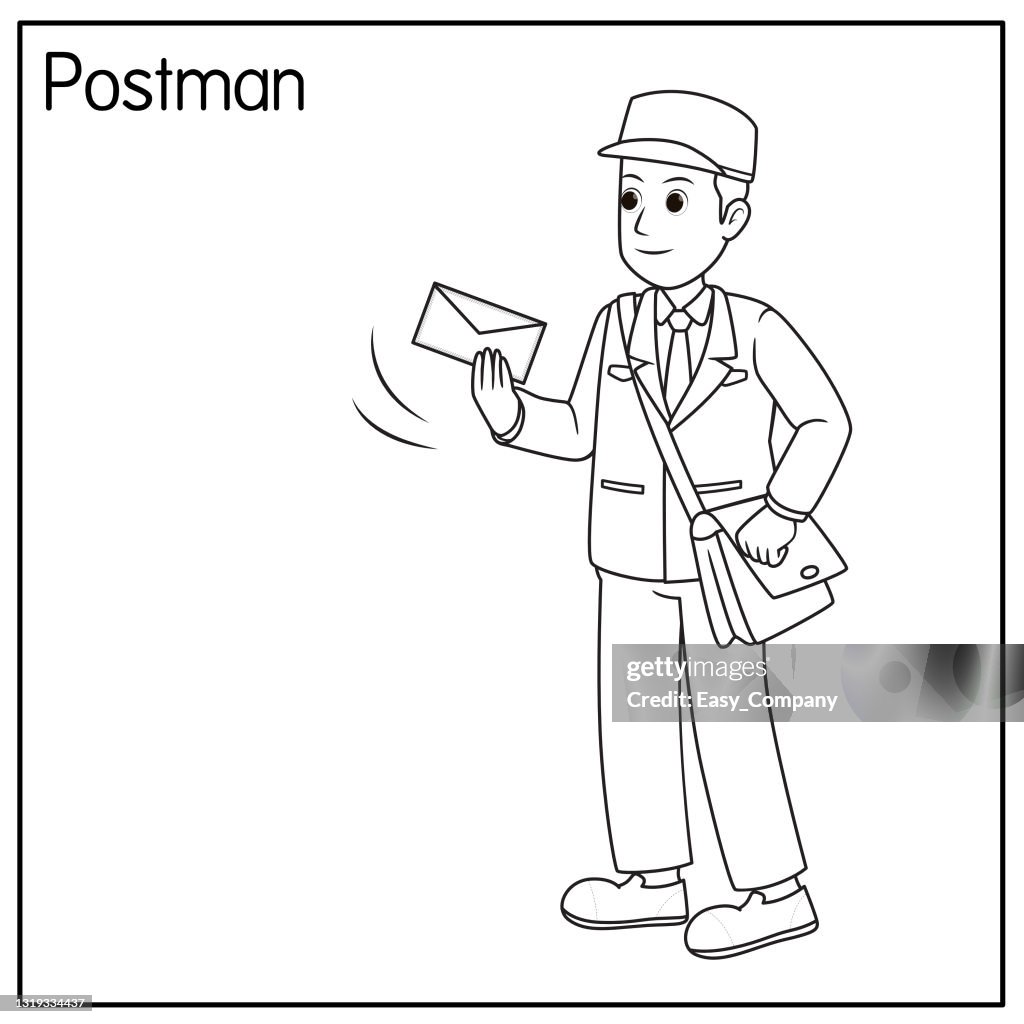 Vector illustration of postman isolated on white background jobs and occupations concept cartoon characters education and school kids coloring page printable activity worksheet flashcard high