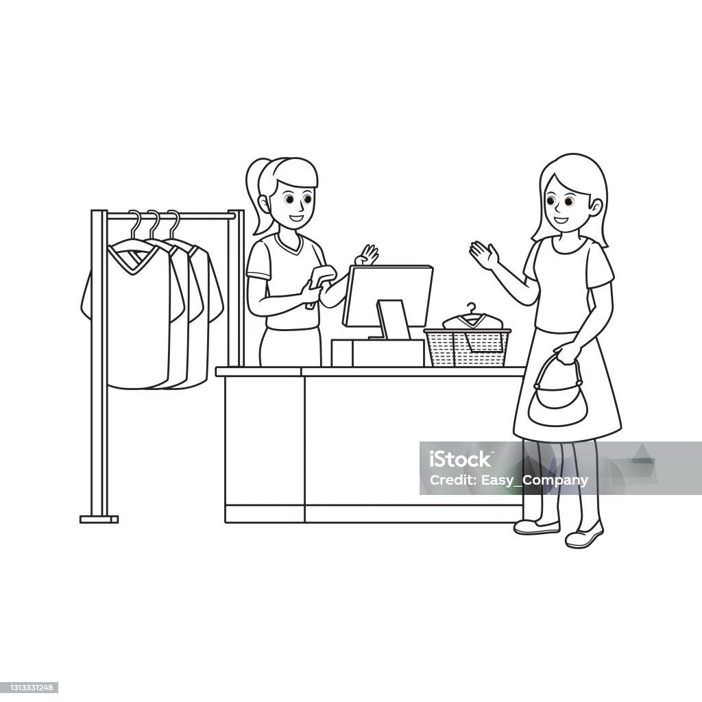 Vector illustration of shopkeeper isolated on white background jobs and occupations concept cartoon characters education and school kids coloring page printable activity worksheet flashcard stock illustration