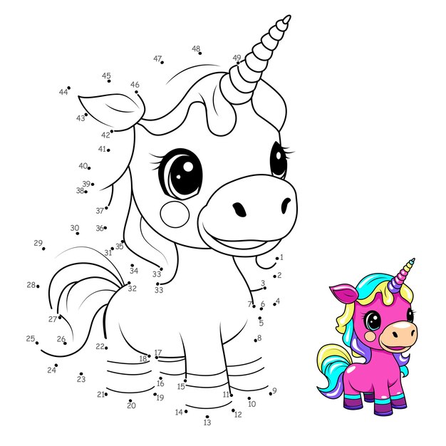 Premium vector point to point game draw a line unicorn for children worksheet coloring book cartoon character