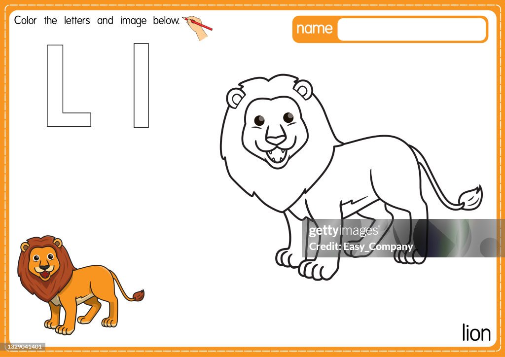 Vector illustration of kids alphabet coloring book page with outlined clip art to color letter l for lion high