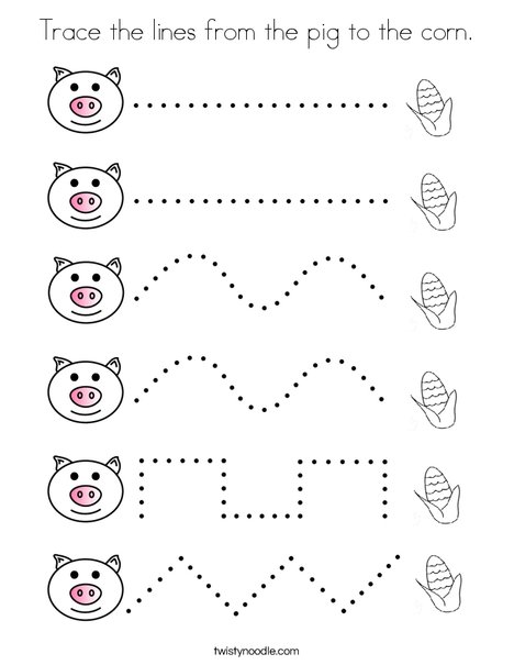 Trace the lines from the pig to the corn coloring page