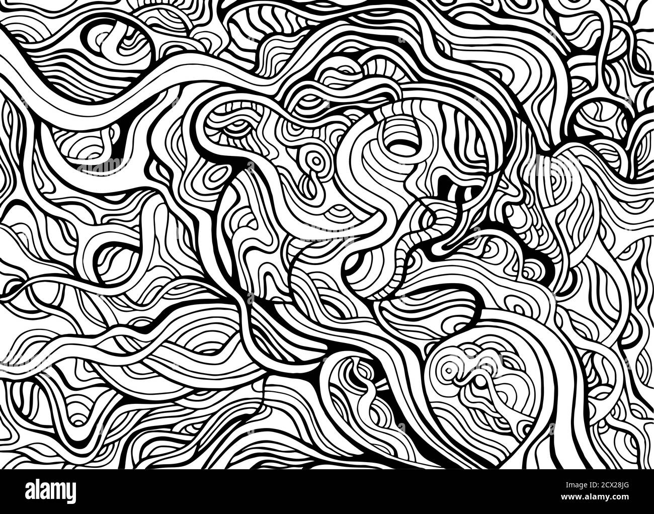 Black and white abstract decorative ornament with many crazy swirl lines coloring page stock vector image art