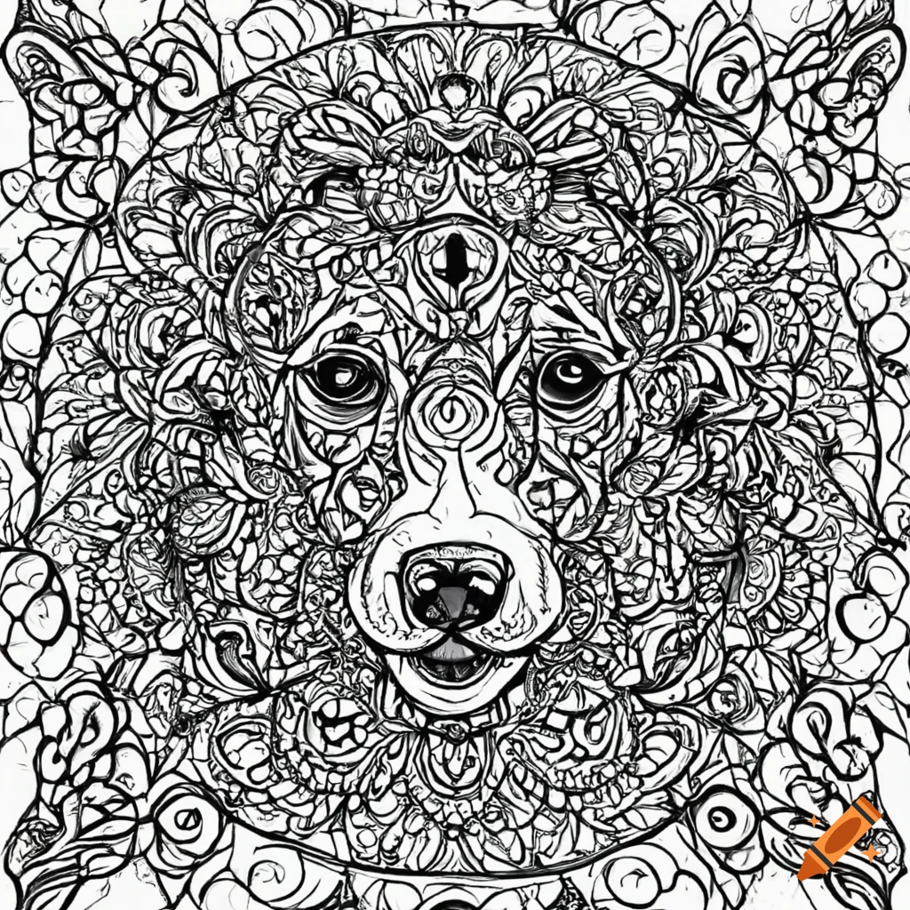 Coloring book page thick lines dog mandala style on