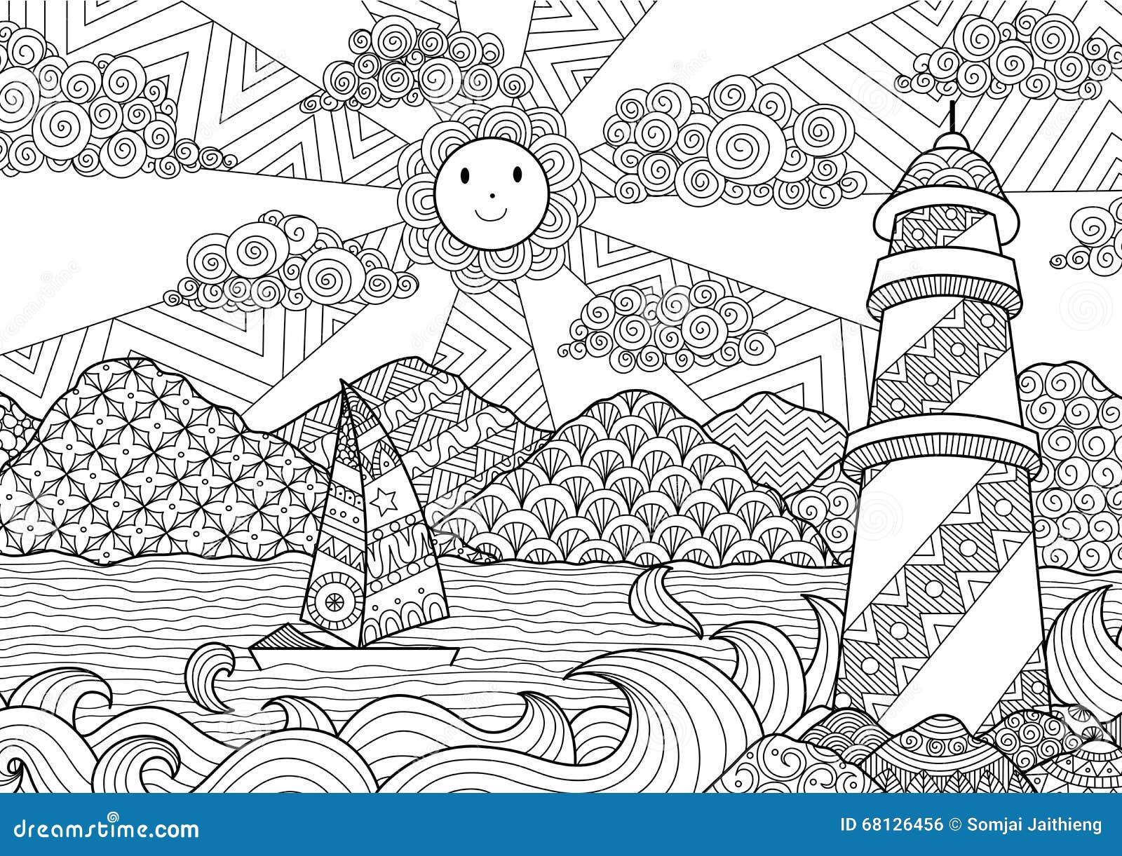Seascape line art design for coloring book for adult anti stress coloring