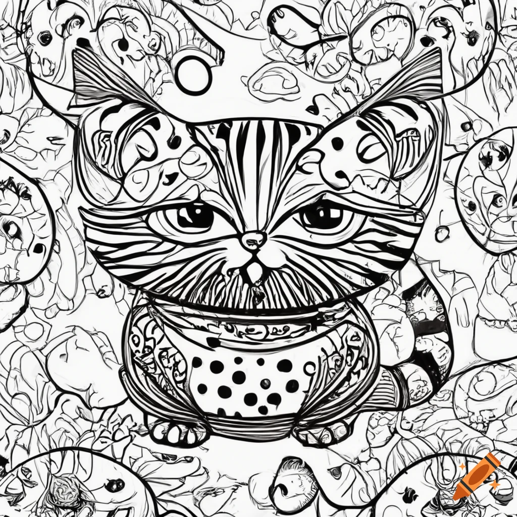 Colouring page cat cartoon style thick lines line art black and white on