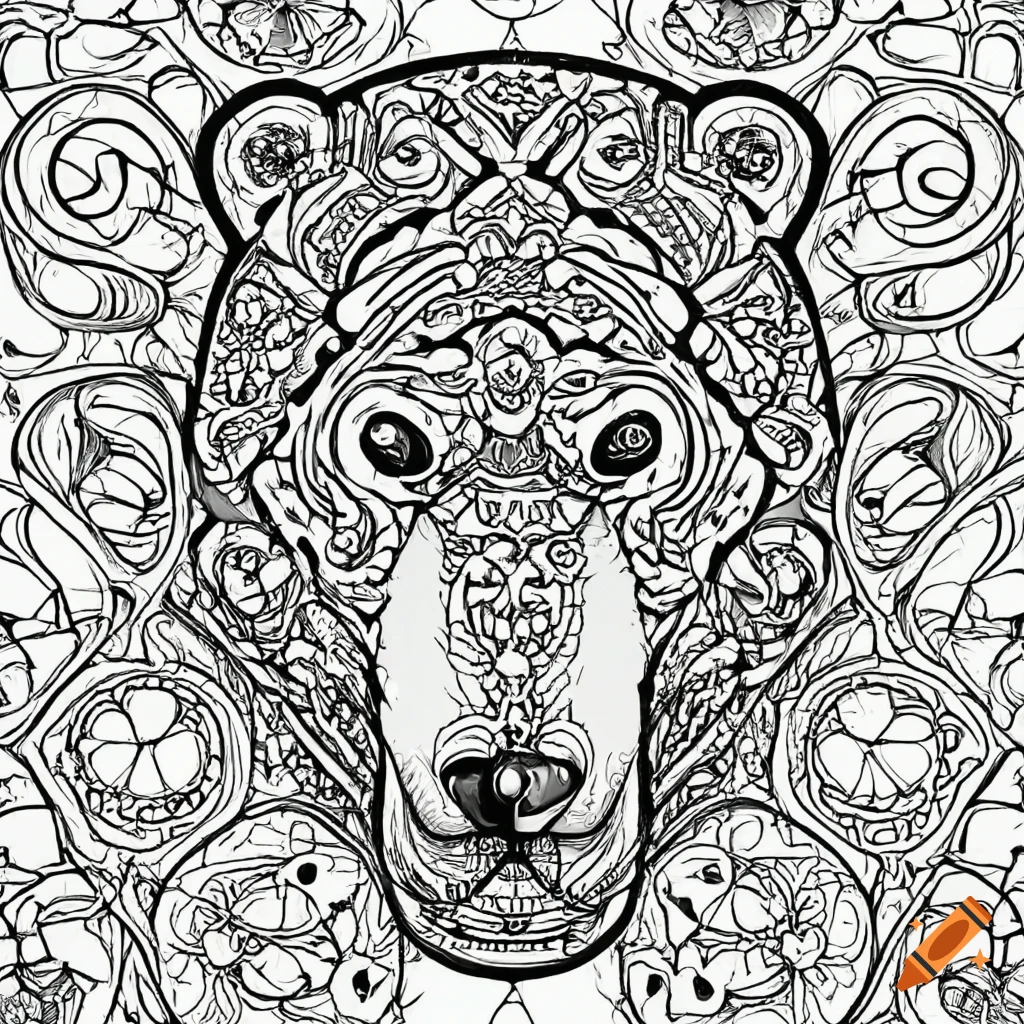 Imagine promptcoloring pages for adults polar bear in the style of concept art thin lines high detail abstract shapes background black and white no shading