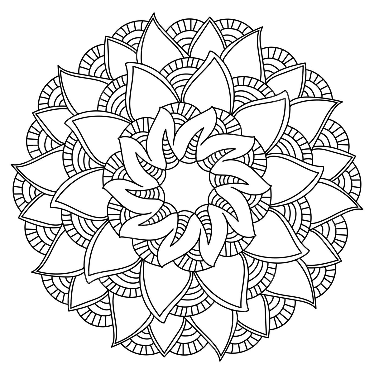 Coloring page featuring simple lines of contour antistress mandala with repeating arcs and waves vector petal invitation mandala png and vector with transparent background for free download