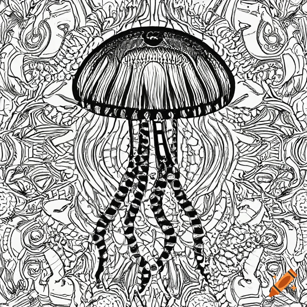 Jellyfish coloring page mandala black and white thick lines high definition on