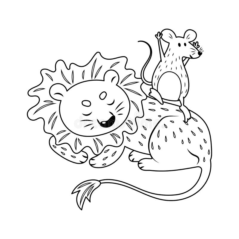 The lion and the mouse story colorless stock vector