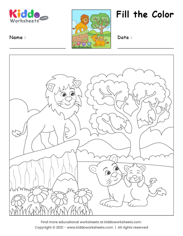 Free printable fill the color lion worksheet