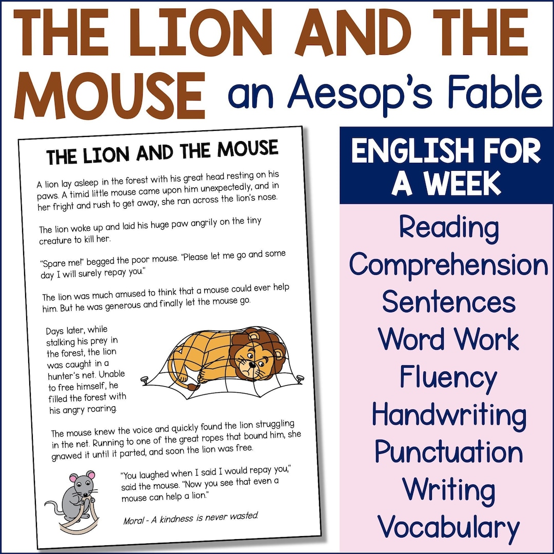 The lion and the mouse aesops fables activities literacy for a week writing worksheets word search handwriting lines making words etc