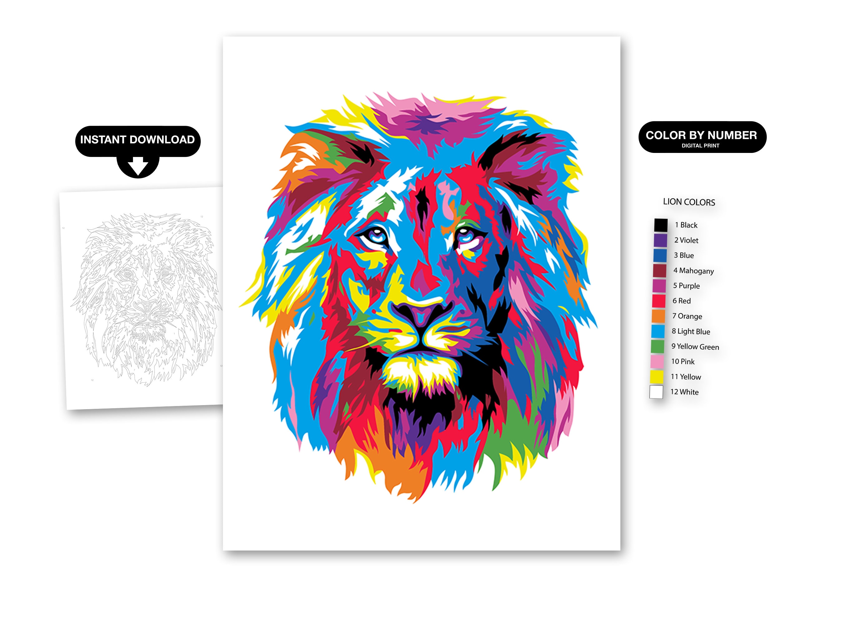 Color by number coloring page colourful abstract lion adult coloring page diy digital coloring by number sheet printable pdf download instant download