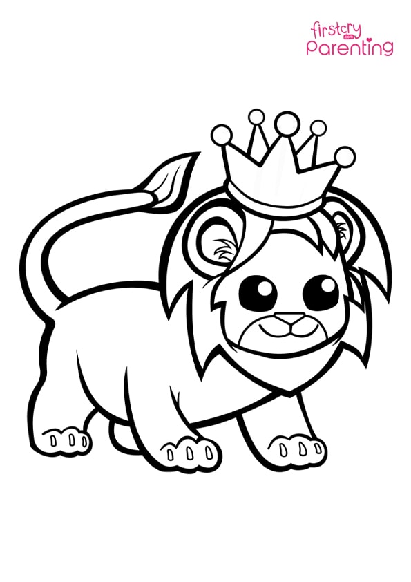 Funny lion in crown coloring page for kids