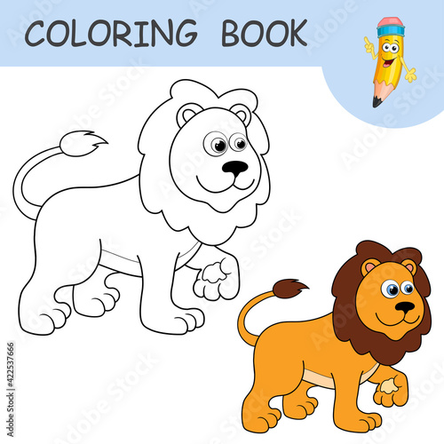 Coloring book with fun character lion colorless and color samples wild lion on coloring page for kids coloring design in cute cartoon style black contour silhouette with a sample for coloring vector