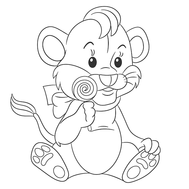 Premium vector baby lion with a lollipop cartoon character coloring book page in line art style