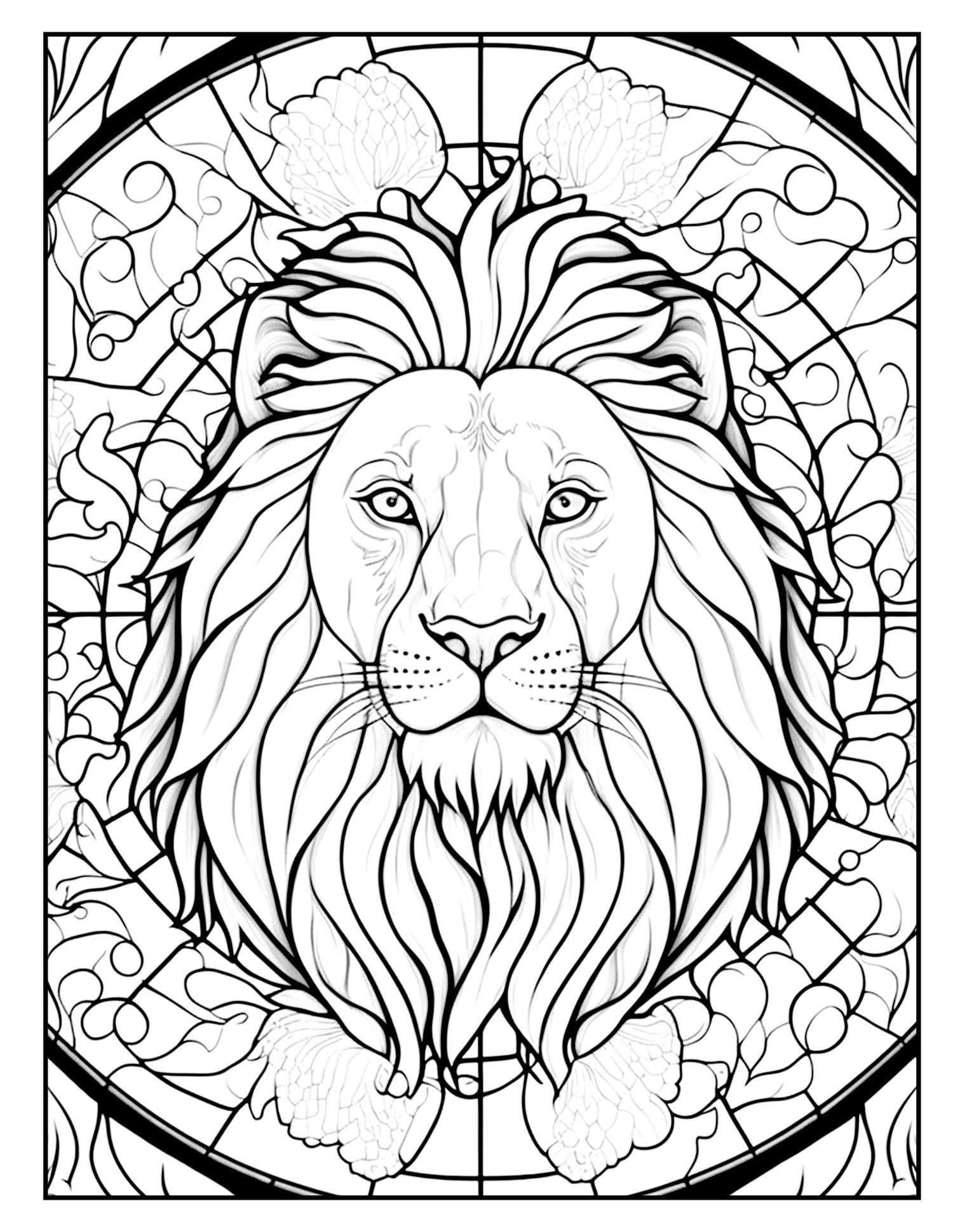 A black and white drawing of a lion lineart stained glass â todays free coloring page rcoloring