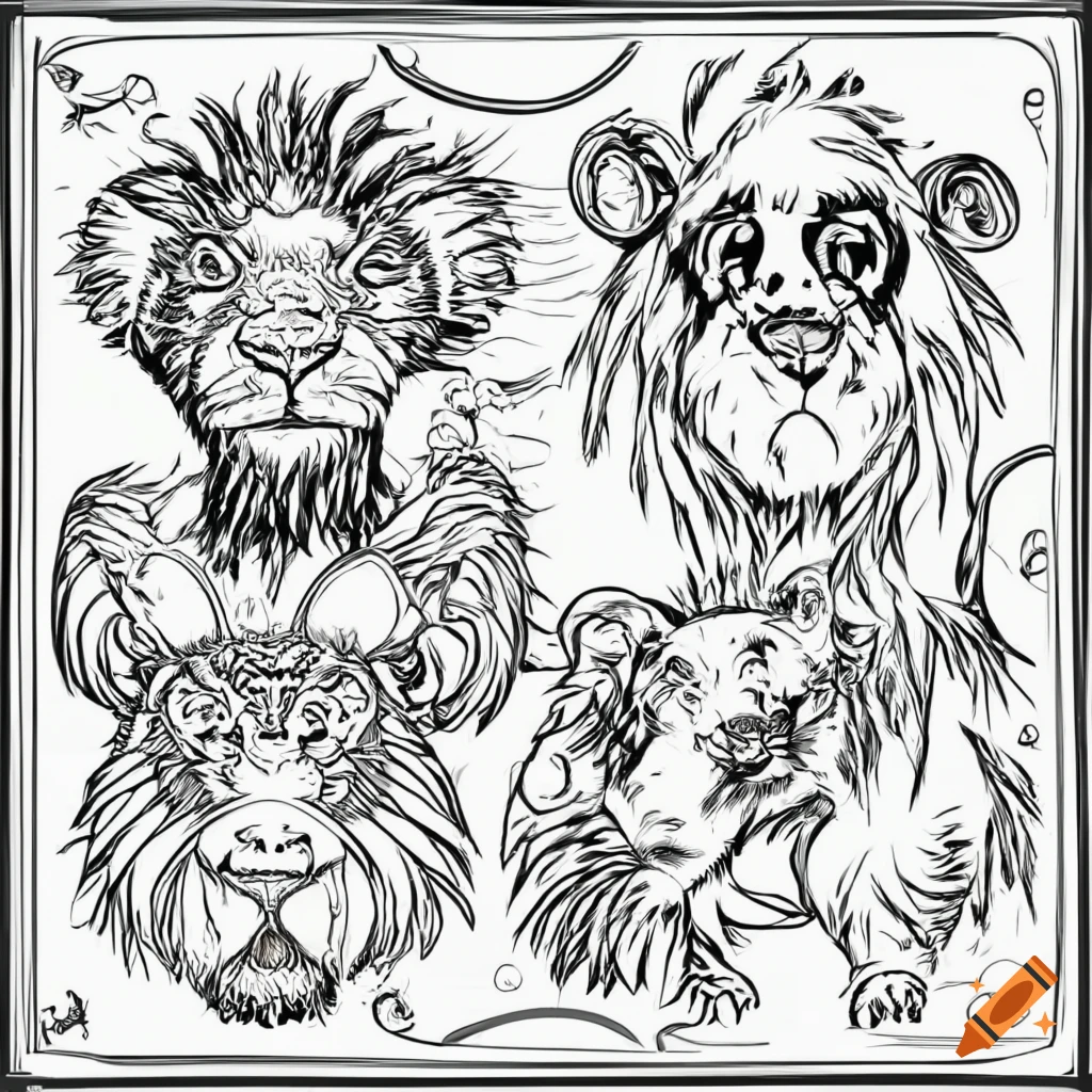 Monochrome vector drawing of a super lion set in the jungle with his friends ideal for a childs coloring book on