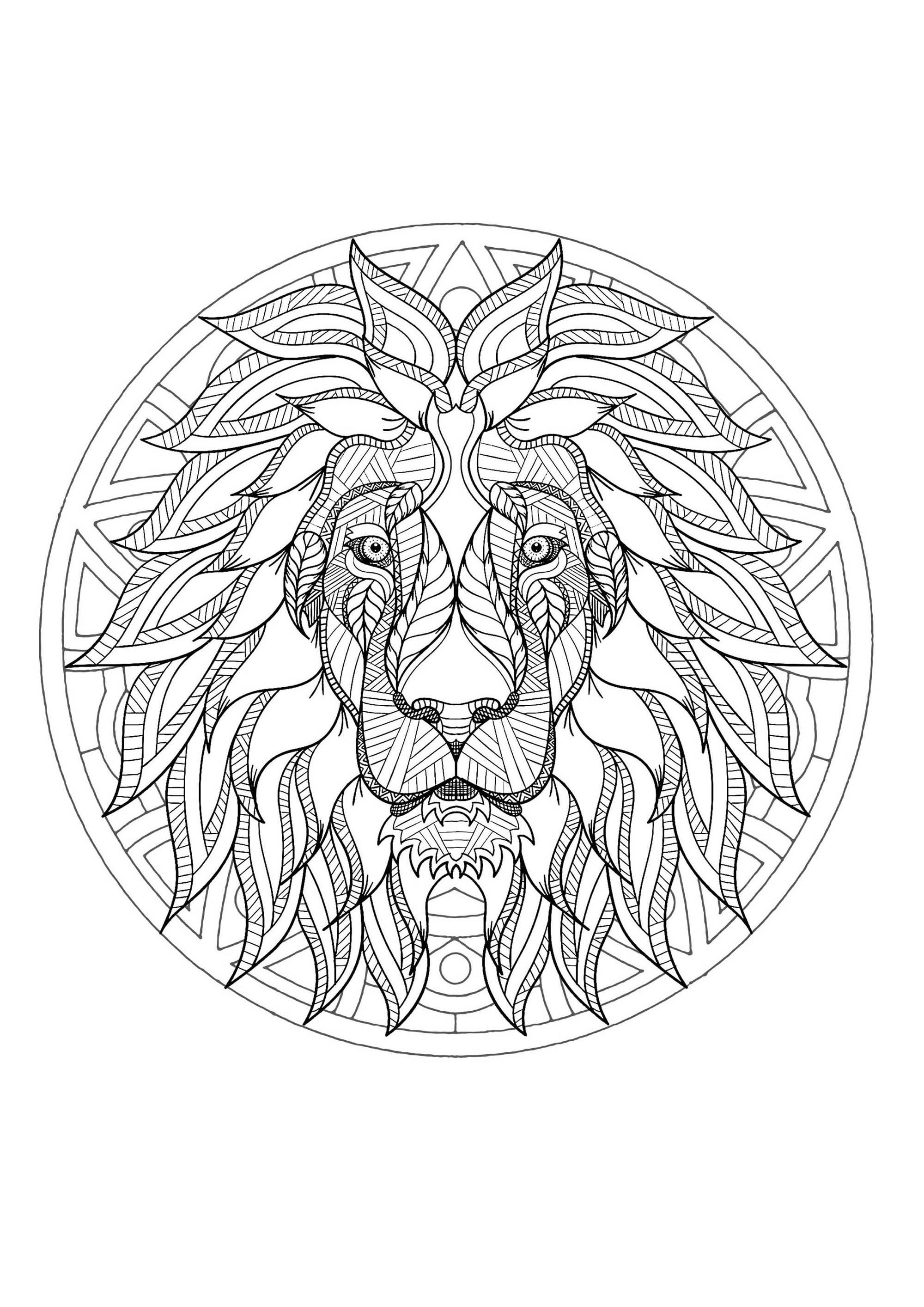 Complex mandala coloring page with majestic lion head