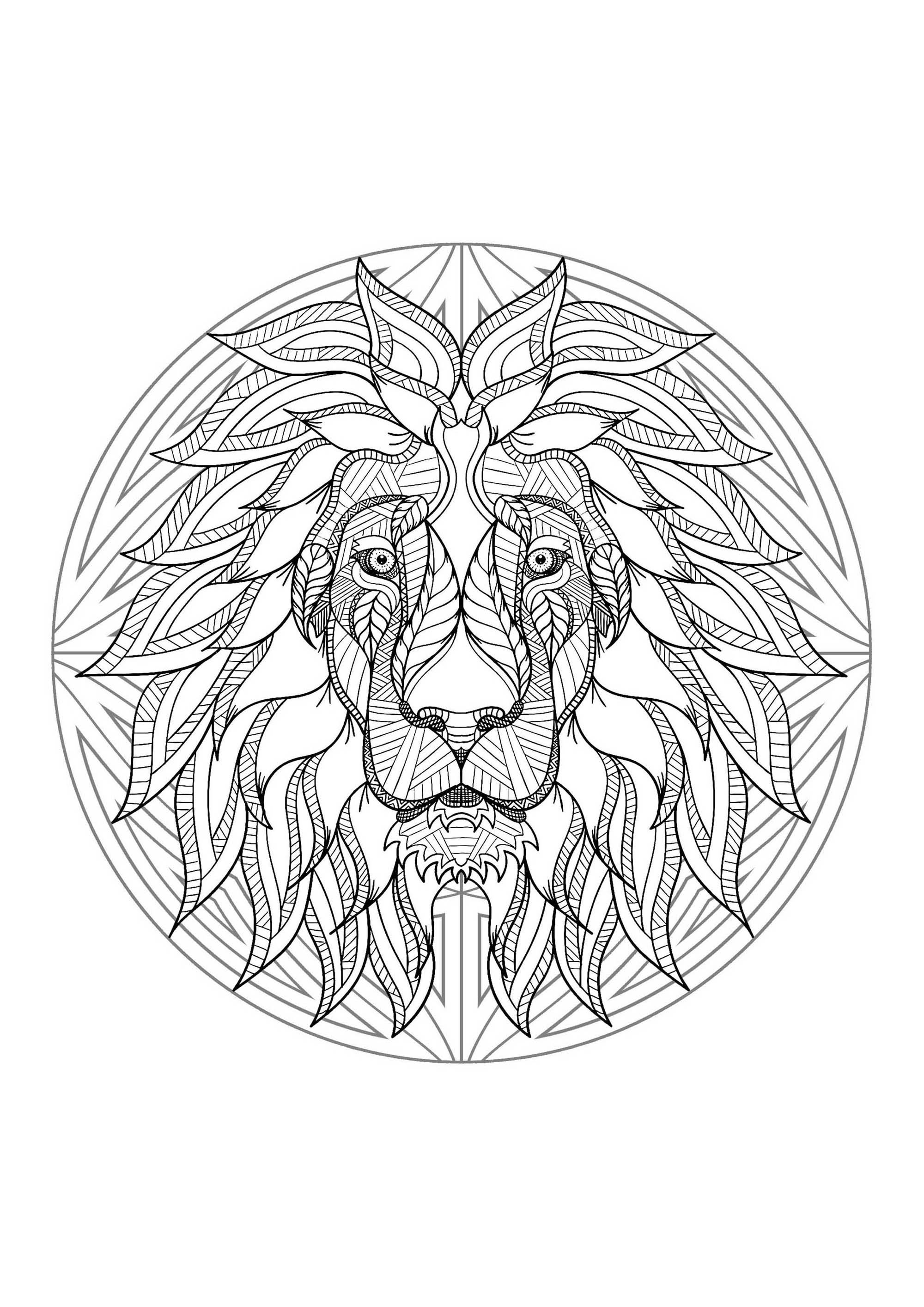 Complex mandala coloring page with majestic lion head