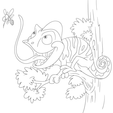 Premium vector chameleon trying to catch mosquito cartoon coloring book page for kids