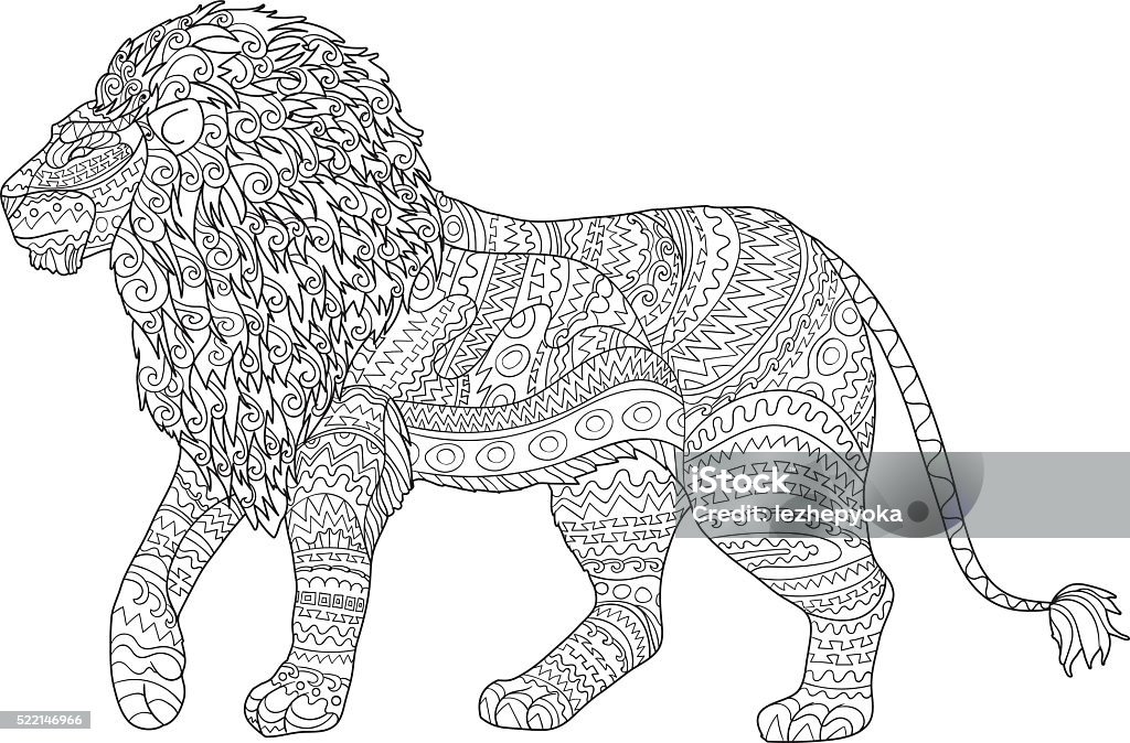 Adult coloring page for antistress with lion stock illustration