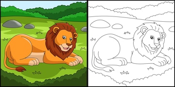 Premium vector lion coloring page colored illustration