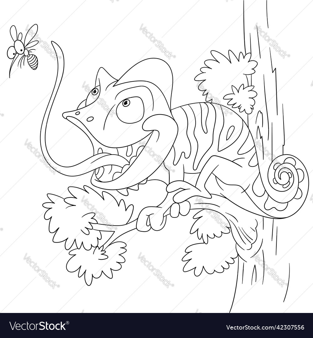 Cartoon chameleon and mosquito coloring royalty free vector