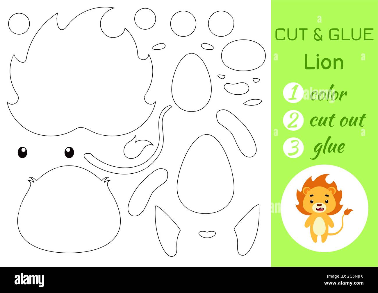 Color cut and glue paper little lion cut and paste crafts activity page educational game for preschool children diy worksheet kids logic game pu stock vector image art