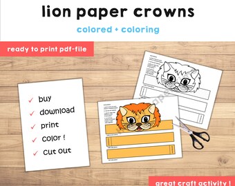 Lion paper crown printable coloring table decor kids craft lion birthday party printable favor lion costume diy printable instant download