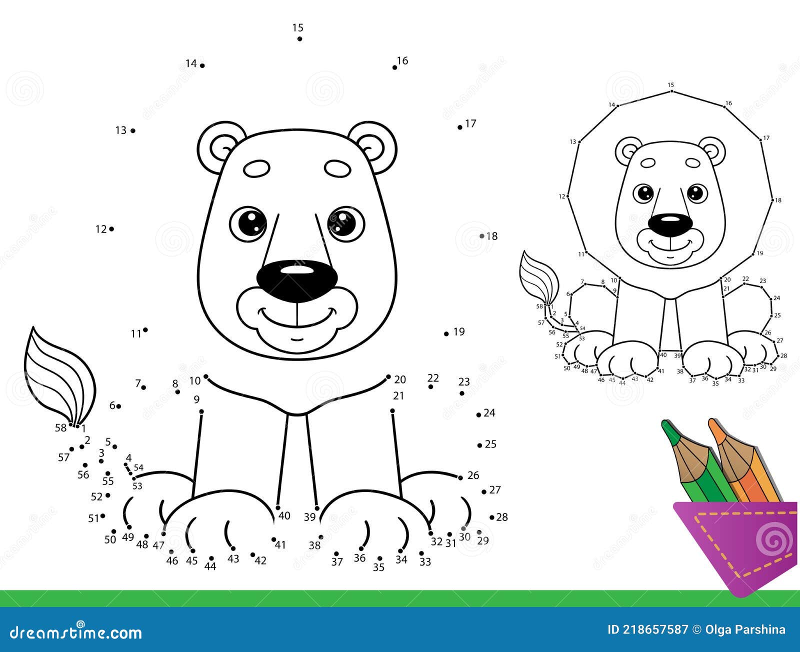 Puzzle game for kids numbers game coloring page outline of cartoon funny lion stock vector