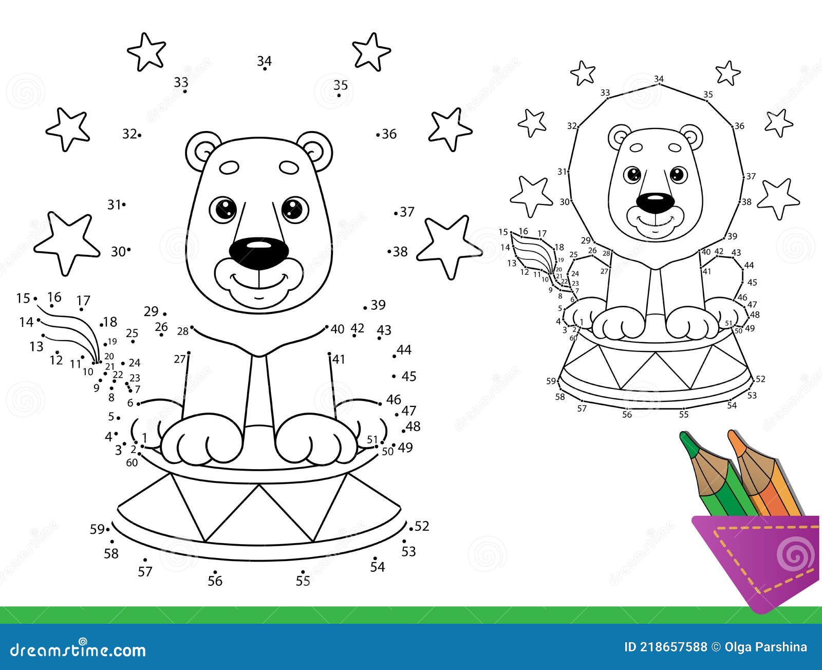 Puzzle game for kids numbers game coloring page outline of cartoon circus lion stock vector