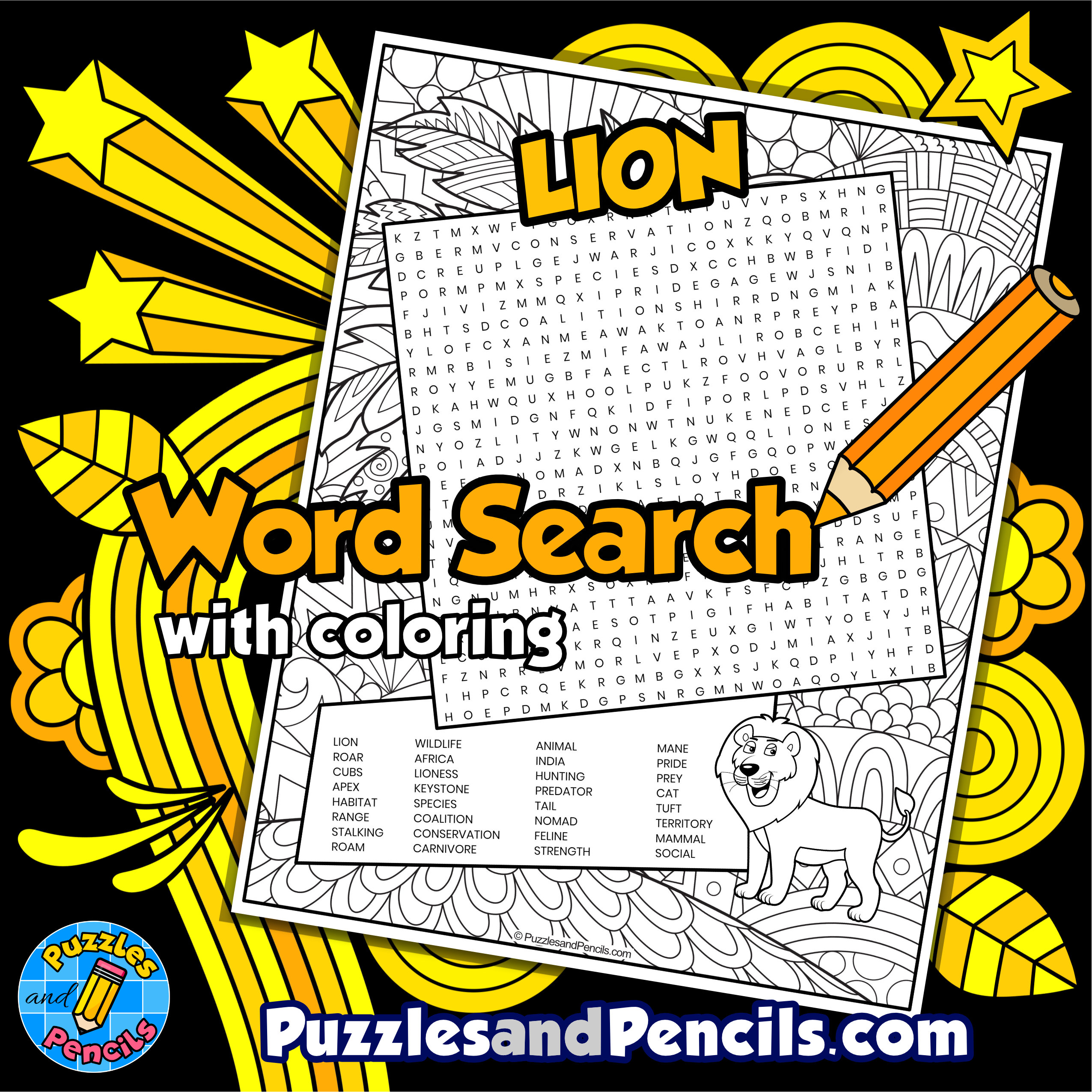 Lion word search puzzle with coloring wildlife wordsearch made by teachers