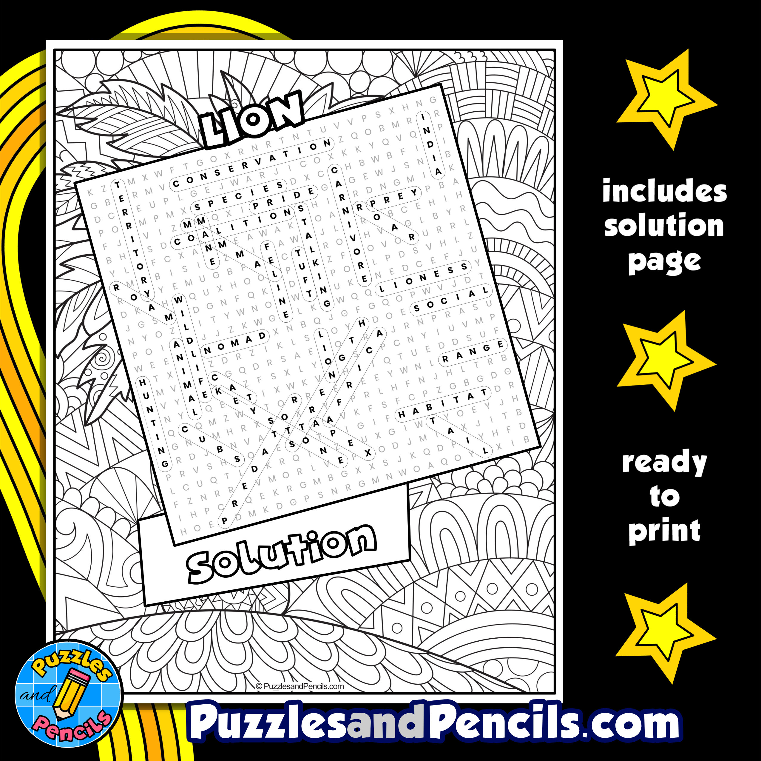 Lion word search puzzle with coloring wildlife wordsearch made by teachers