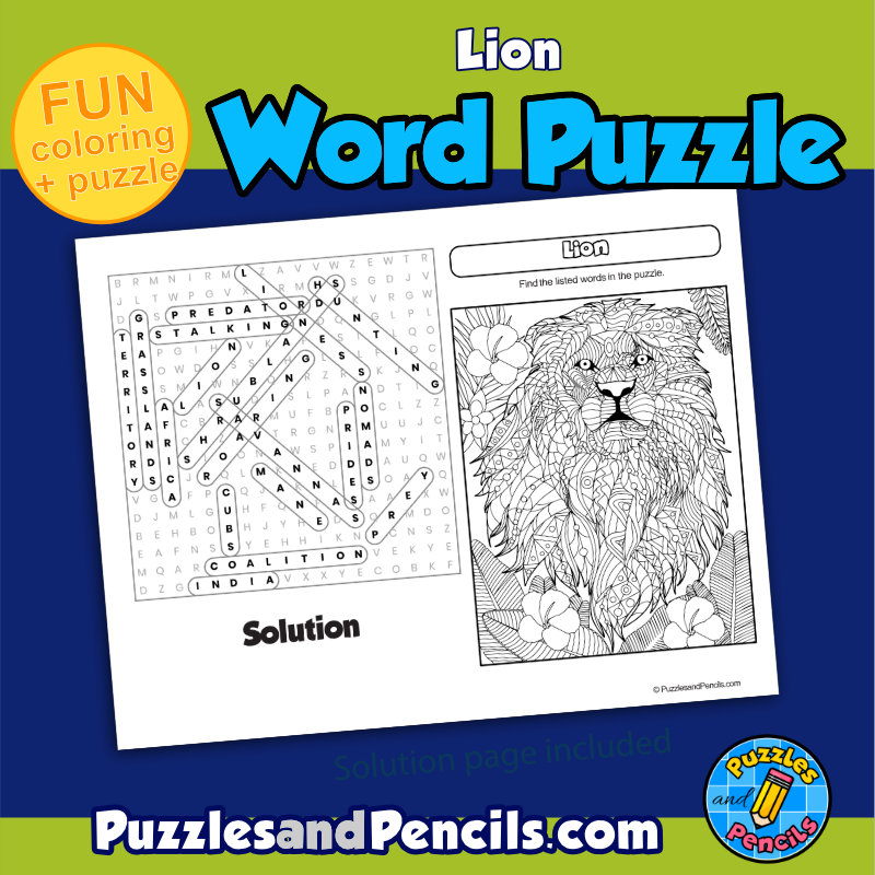 Lion word search puzzle activity page and coloring wordsearch made by teachers